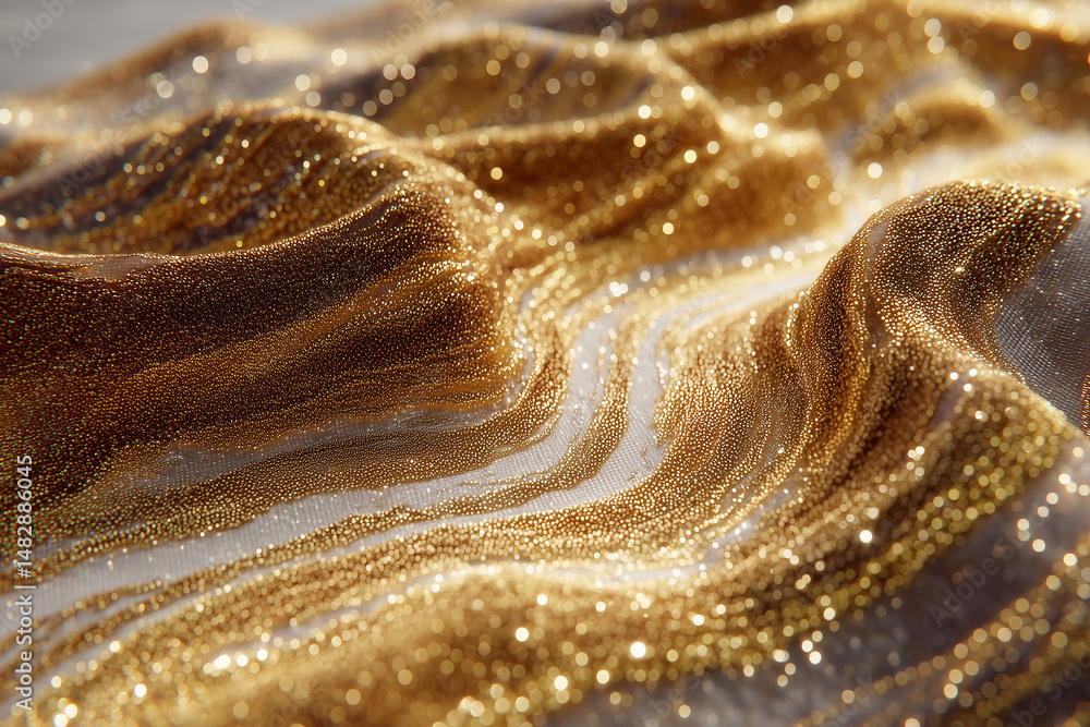 Poster undulating gold fabric shimmers with gradient of light, creating mesmerizing texture that evokes lux