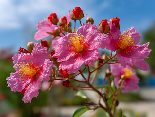 Obraz premium Blossoming pink flowers with vibrant red buds