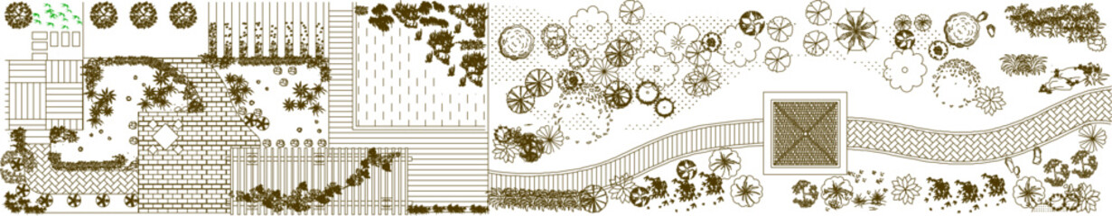 vector sketch illustration silhouette design of landscape site plan of garden with various ornamental plants and trees  © achmad