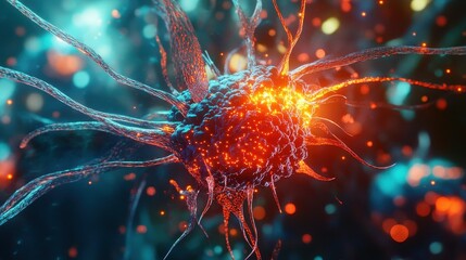 Obraz premium Microscopic view of a mutated virus with glowing spikes and abstract cellular patterns, covid-inspired, futuristic medical concept.