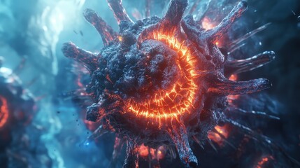 Microscopic view of a mutated virus with glowing spikes and abstract cellular patterns, covid-inspired, futuristic medical concept.
