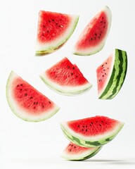 Fresh Watermelon Slices Floating in Air Isolated on White Background