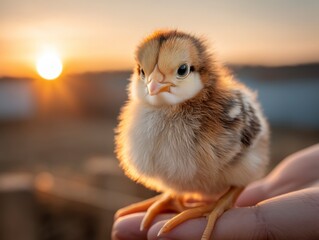 Cute Chick with Soft Feathers Basking in the Warm Sunset Glow