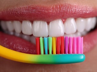 Obraz premium Close-Up of Colorful Toothbrush Against Healthy Smiling Teeth