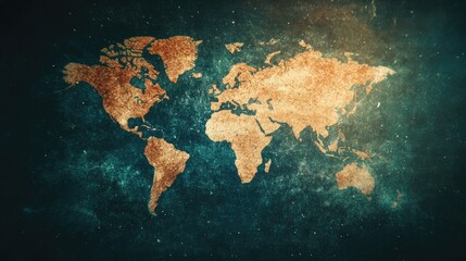 Naklejka premium Earth map on a dark, galaxy background. Texture is mottled with bronze and brown hues