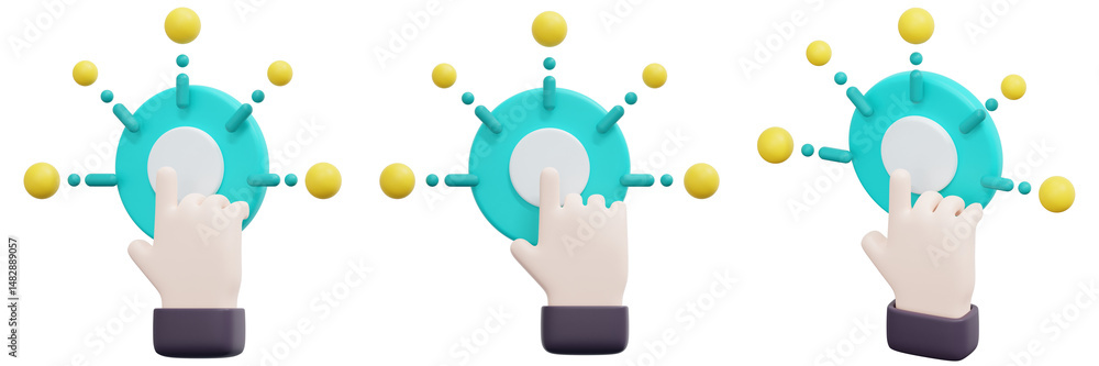 Poster set of hand interacting with teal circular interface elements 3d render icon illustration