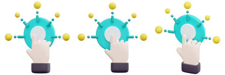 Set of Hand Interacting with Teal Circular Interface Elements 3d Render Icon Illustration