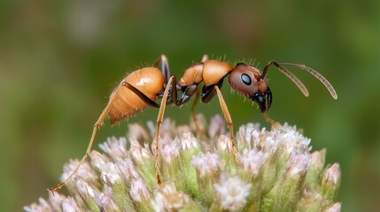 Close-up of a reddish-brown ant on a flower cluster