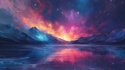 Fototapeta premium A vibrant, fantastical landscape of mountains, sky, and reflected colors.