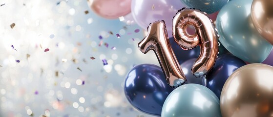 Balloon decorations with number 19 for birthday party celebration, colorful balloons, confetti background, festive atmosphere, milestone event, joyful moments.
