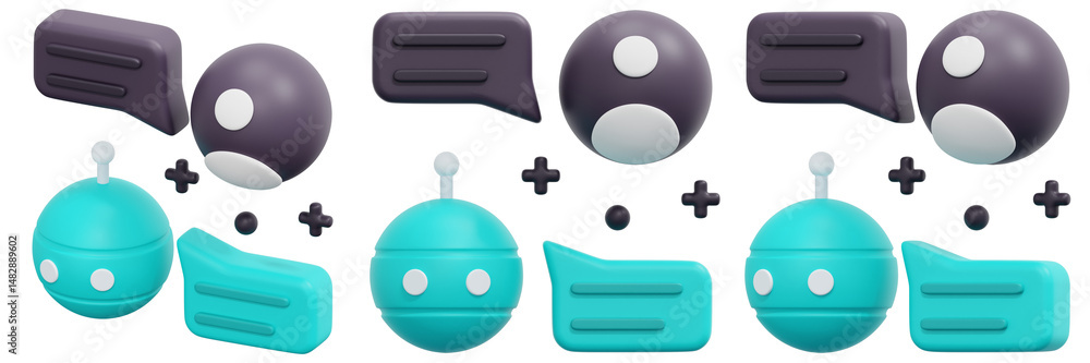 Poster set of teal and purple 3d robot icons with chat bubbles 3d render icon illustration