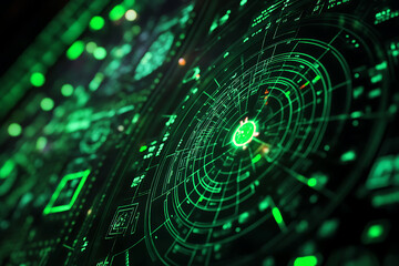 Close up of a complex green illuminated digital interface with circular and square elements