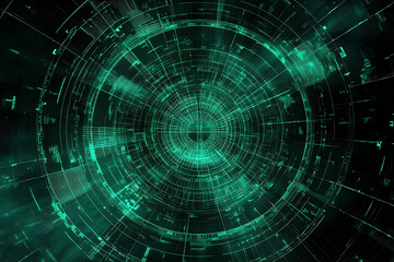 Fototapeta premium Abstract green circular tunnel with lines and geometric shapes on a dark background design element