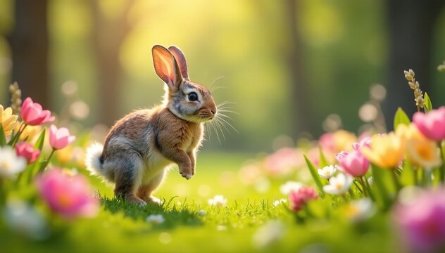 Easter bunny hopping through spring flowers on Easter Monday , celebration, carrots, pink