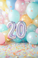 20th birthday celebration with pastel balloons and confetti for milestone event, festive decorations, party planning, joyful atmosphere, birthday party ideas.