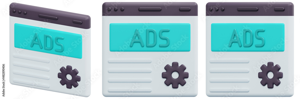 Poster set of website ads interface illustrations with settings gear 3d render icon illustration