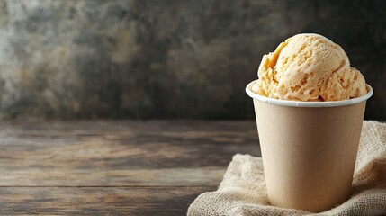 Coconut ice cream in a paper cup placed on rustic wooden table with empty copy space for text, sweet dessert concept