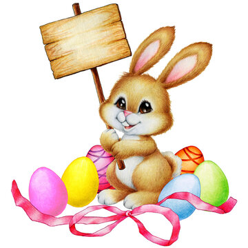 illustration of bunny with placard and easter eggs