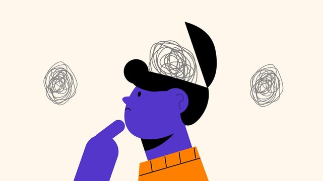An animation of a tangled line emerging from the head, representing overthinking and anxiety