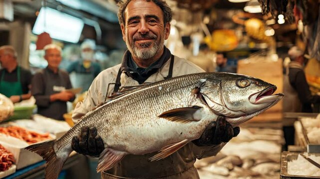 Experienced fishmonger proudly displays fresh catch at bustling market