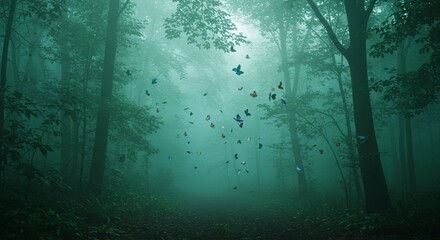 Naklejka premium Enchanting Foggy Forest Path with Colorful Butterflies Mystical Nature Scene