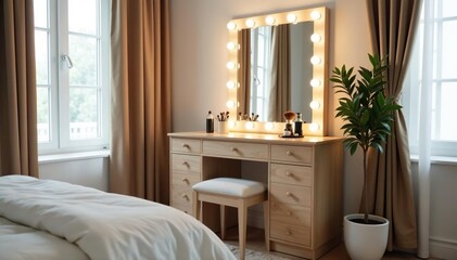 Elegant mirrored vanity with built-in lighting and drawers Perfect for makeup application and stylish bedroom decor , crystal, high-end, classic