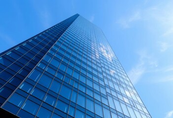 Sleek glass skyscraper reflects blue sky, modern architecture, blue sky, glass building