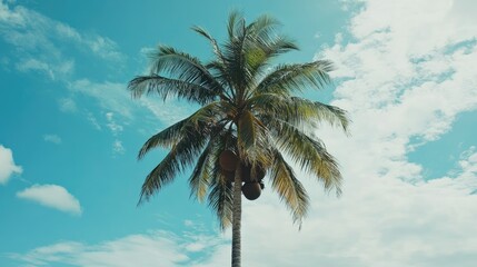 Coconut palm with a thick bunch of coconuts hanging near the crown, vibrant natural setting