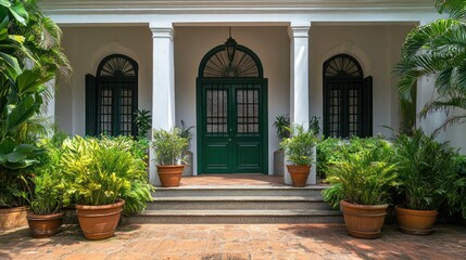 Colonial-inspired front porch with symmetrical potted plants and a deep green door