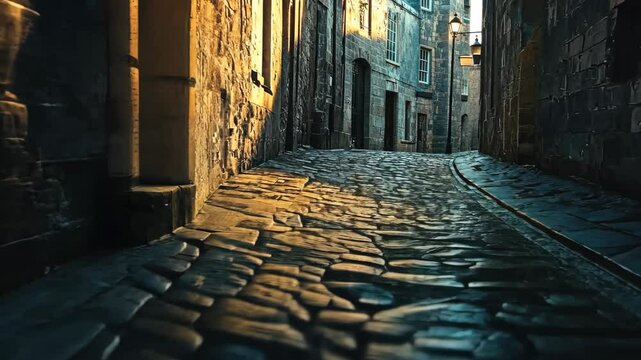 Mysterious cobblestone alleyway at dusk captures tranquil urban ambiance