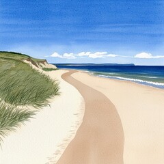 Serene Coastal Scene Sandy Beach Path, Blue Sky, Green Dunes