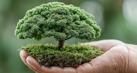 Tiny tree nestled in a hand-held bed of moss