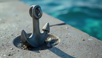 A metallic anchor firmly embedded in a concrete surface, symbolizing stability and strength , metal, grounding