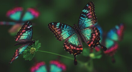 Vibrant iridescent butterflies perched on green foliage close up macro shot of colorful wings in