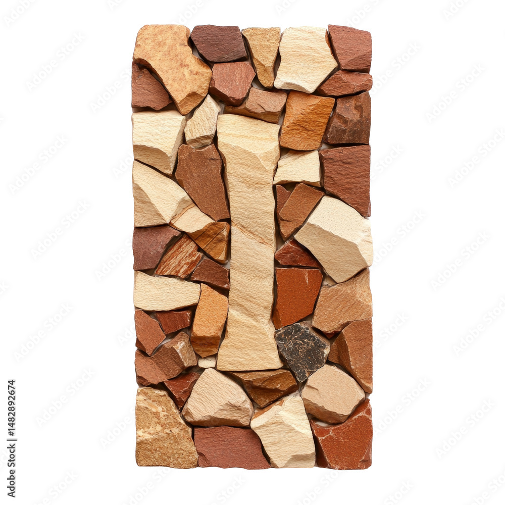 Poster close-up view of irregularly shaped natural colored stone rocks arranged vertically on a wall surfac
