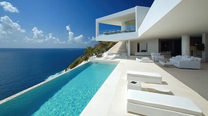 Fototapeta premium Contemporary white house with rooftop terrace and panoramic sky view, minimalist design