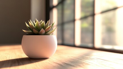 Serene Succulent: A sunlit succulent in a minimalist white pot sits on a wooden table, bathed in the warm glow of natural light streaming through a large window.