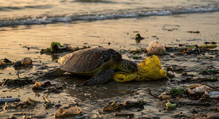 Sea Turtle Struggles Amongst Plastic Pollution on a Beach Highlighting Environmental Damage and Coastal Waste Problem With Sand Background