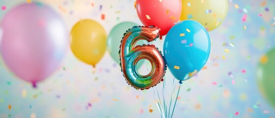 Colorful balloons with number six and confetti background for birthday party celebration, festive decorations, children&acirc;&euro;&trade;s birthday, fun event atmosphere.