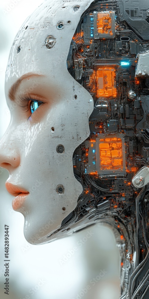 Poster android profile with visible circuits and synthetic skin texture showcasing bionic integration