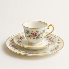 Fototapeta premium Vintage gold rim floral print chinaware teacup cup saucer plate antique collection tableware porcelain 