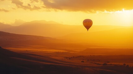 Golden Hour Hot Air Balloon Flight over Majestic Landscape