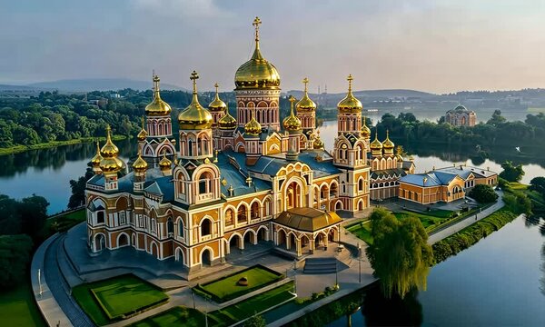 Beautiful Eastern European orthodox monastery with churches and golden domes at sunset. Culture, travel  and religion concept 