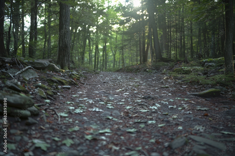 Poster a quiet forest path covered in leaves, surrounded by tall trees and soft sunlight filtering through 