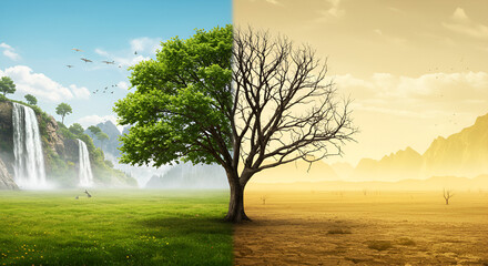 Climate Change Tree Green vs. Dry Landscape