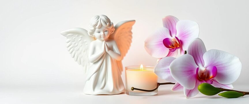 Serene angel beside phalaenopsis orchid & candle, white background, grief, hope