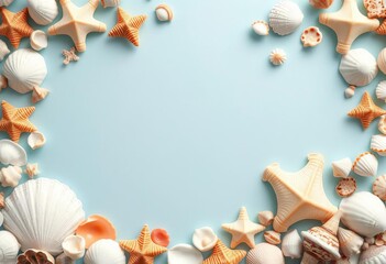 Obraz premium Seashells frame summer greeting card & blank paper on vibrant background, template, background