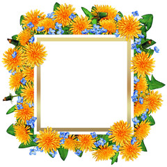 square frame with dandelions and myosotis