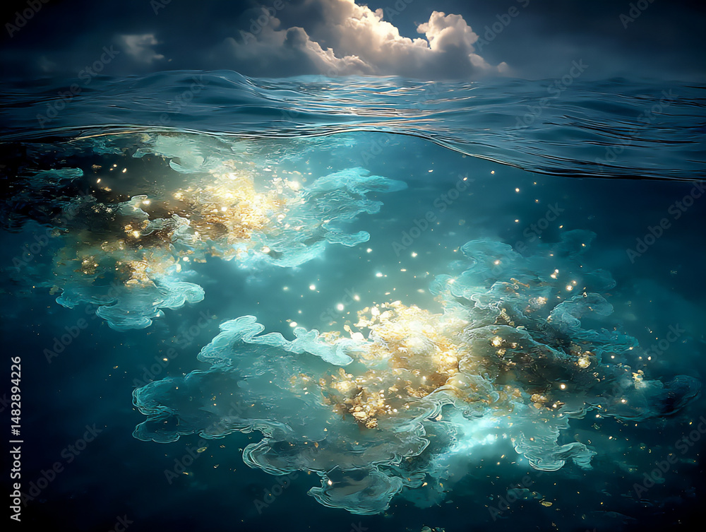 Poster mysterious 3d rendering of a massive alien gateway submerged in the depths of the pacific ocean, swi