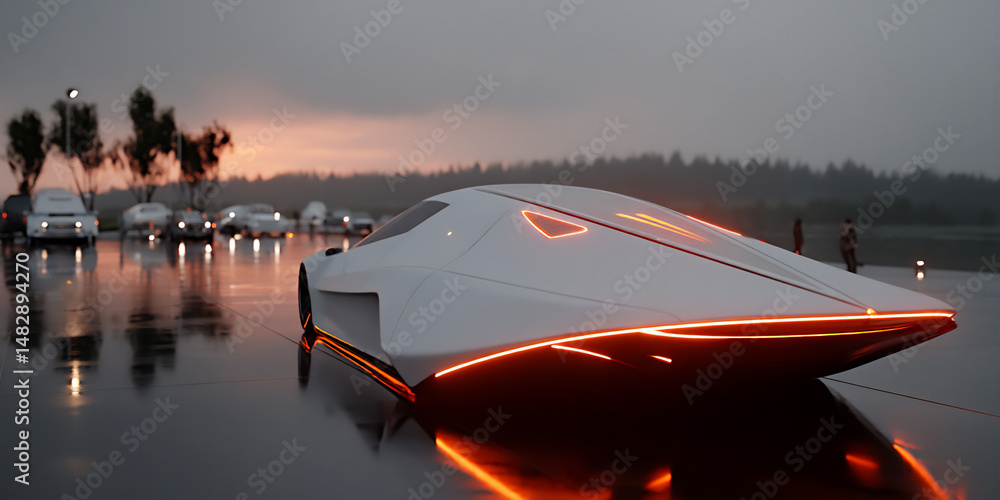 Poster mysterious 3d rendering of a section of a smooth, metallic alien hull with strange, glowing symbols 